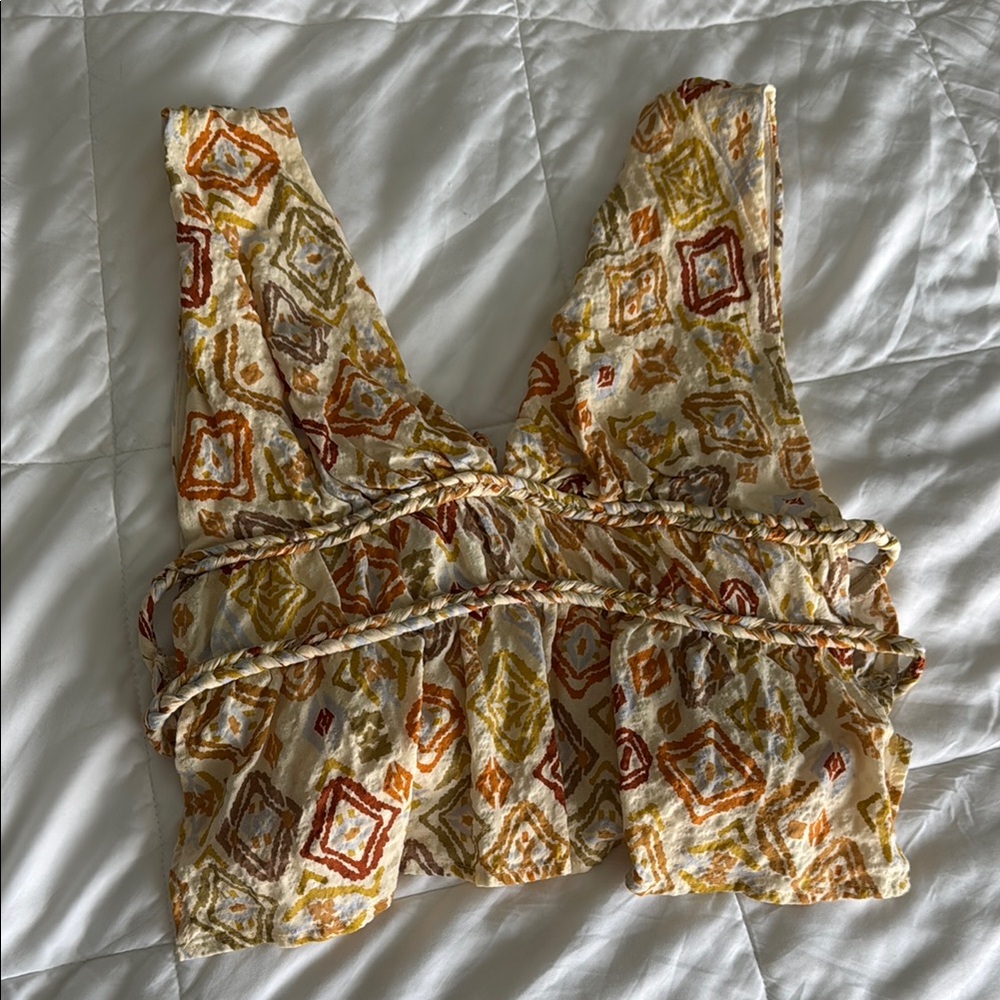 ILLA ILLA Brown and Gold Ruffled Tie Front Tank Top